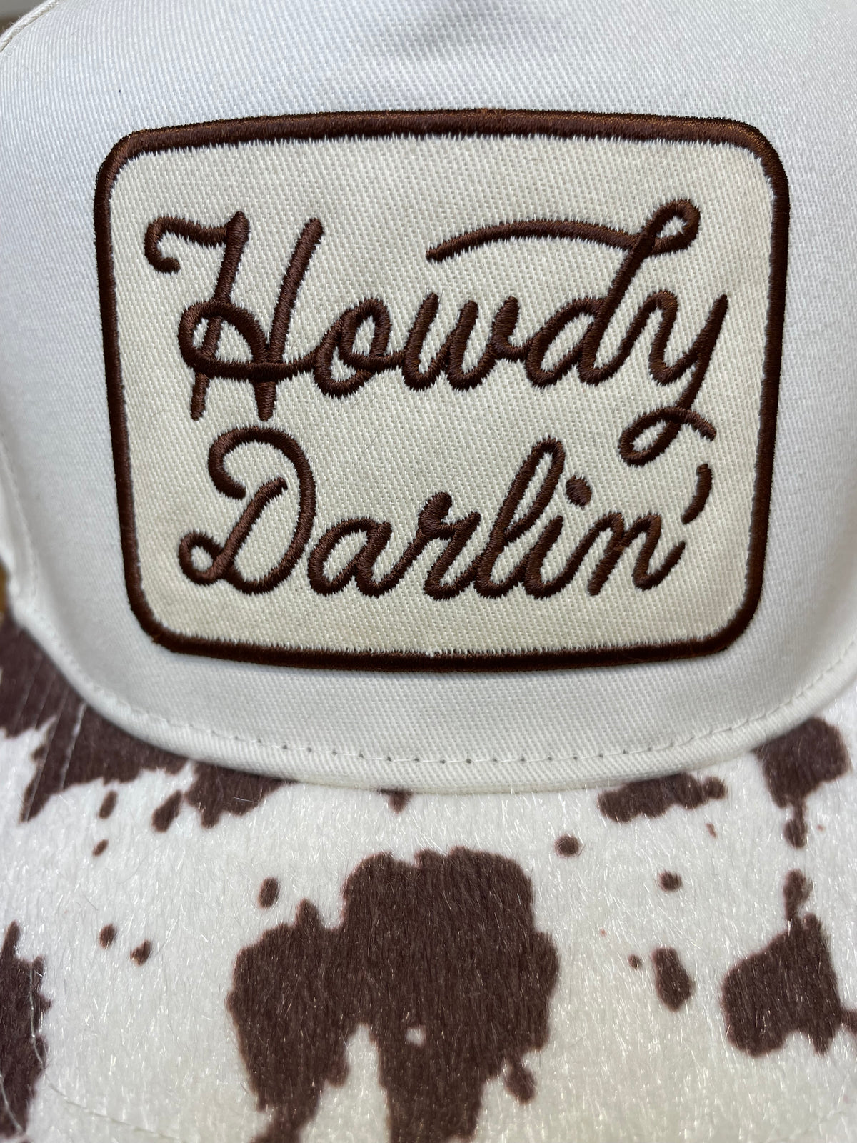 Snapback Hat: Tan & Brown Howdy Darlin' Embroidered Patch - Cow Print Bill