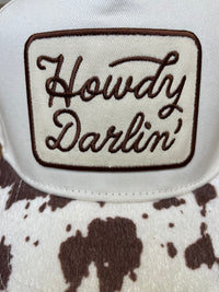 Snapback Hat: Tan & Brown Howdy Darlin' Embroidered Patch - Cow Print Bill