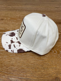 Snapback Hat: Tan & Brown Howdy Darlin' Embroidered Patch - Cow Print Bill