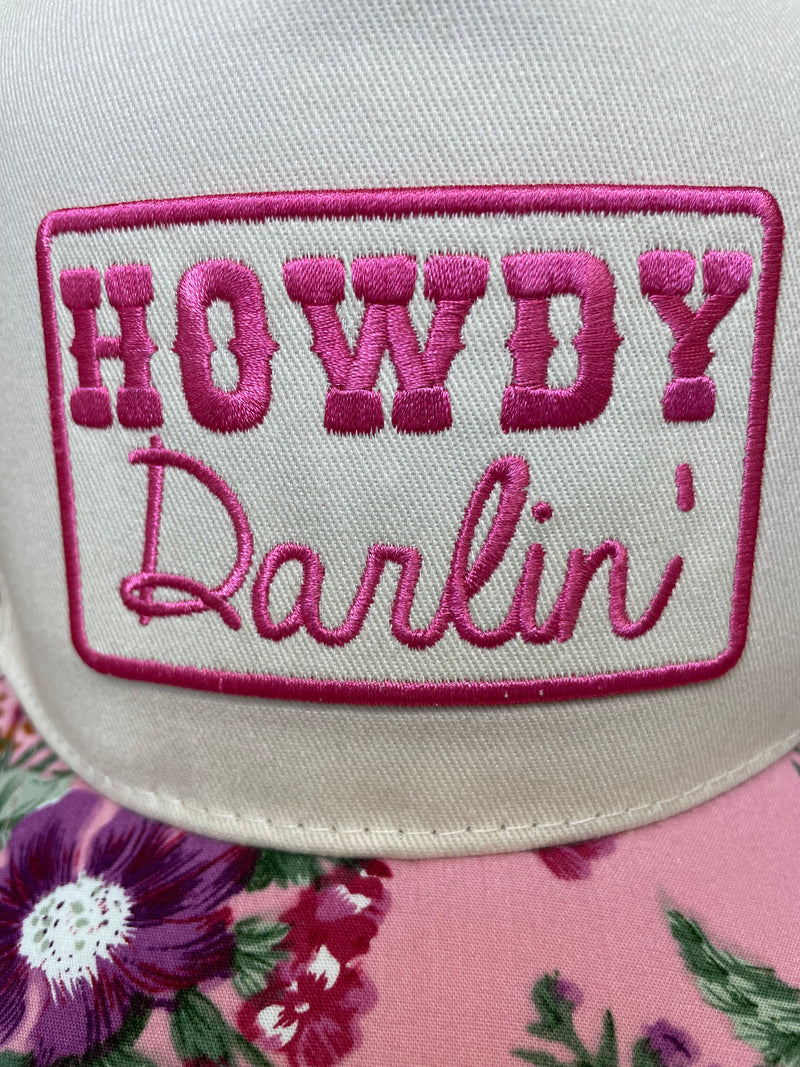 Embroidered (Pink & Tan) Howdy Darlin' Patch Floral Bill Snapback Hat