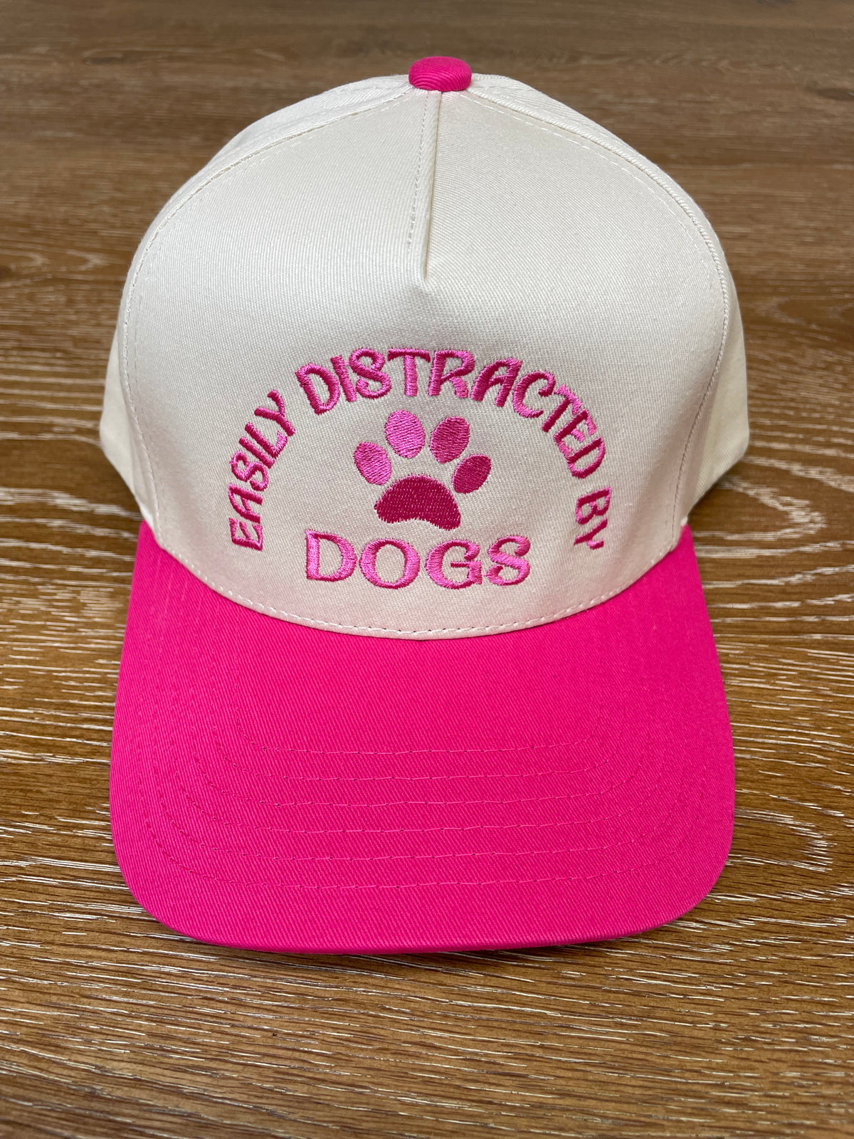 Embroidered (Tan & Hot Pink) Easily Distracted By Dogs Snapback Hat