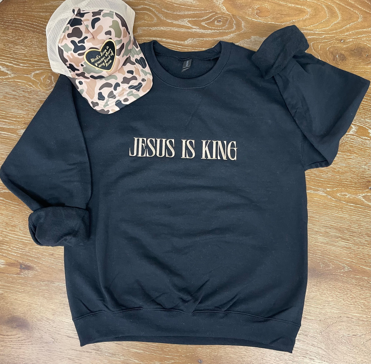 Jesus Is King, Black Heavyblend Sweatshirt - Embroidered