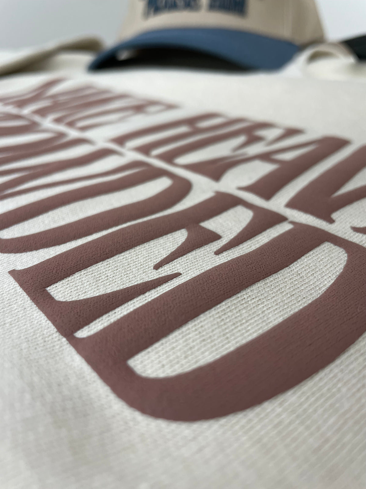 Make Heaven Crowded, Midweight Sweatshirt - Tan with Brown Puff Letters