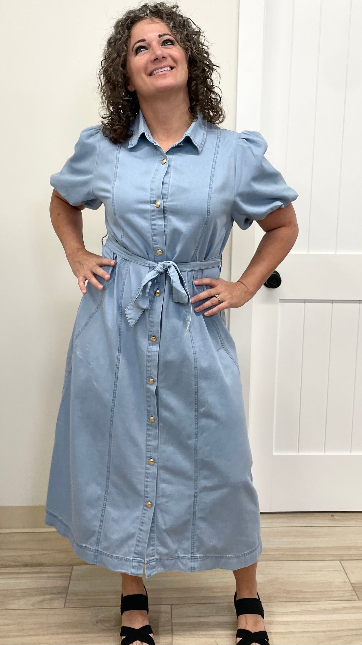 Patricia (Light Wash) 100% Cotton Midi Denim Dress w/Bubble Sleeves