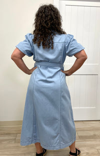 Patricia (Light Wash) 100% Cotton Midi Denim Dress w/Bubble Sleeves