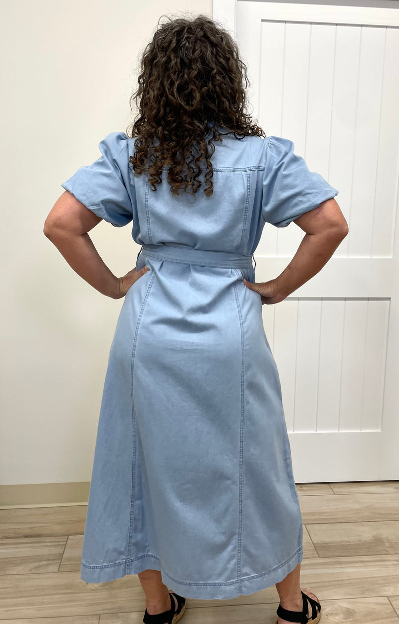 Patricia (Light Wash) 100% Cotton Midi Denim Dress w/Bubble Sleeves