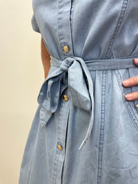 Patricia (Light Wash) 100% Cotton Midi Denim Dress w/Bubble Sleeves