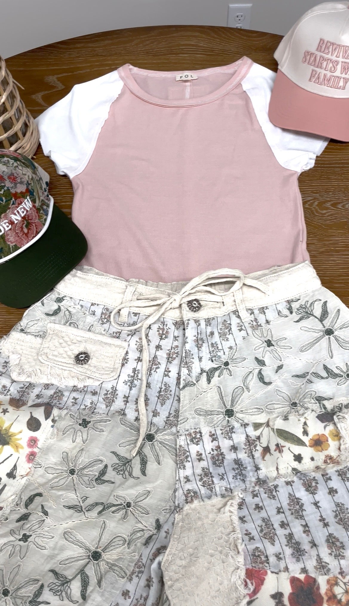Rose/Ivory Soft Ribbed Top w/Raglan Short Sleeves