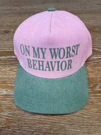 Printed (Pink & Sage) On My Worst Behavior Two-Tone Snapback Hat