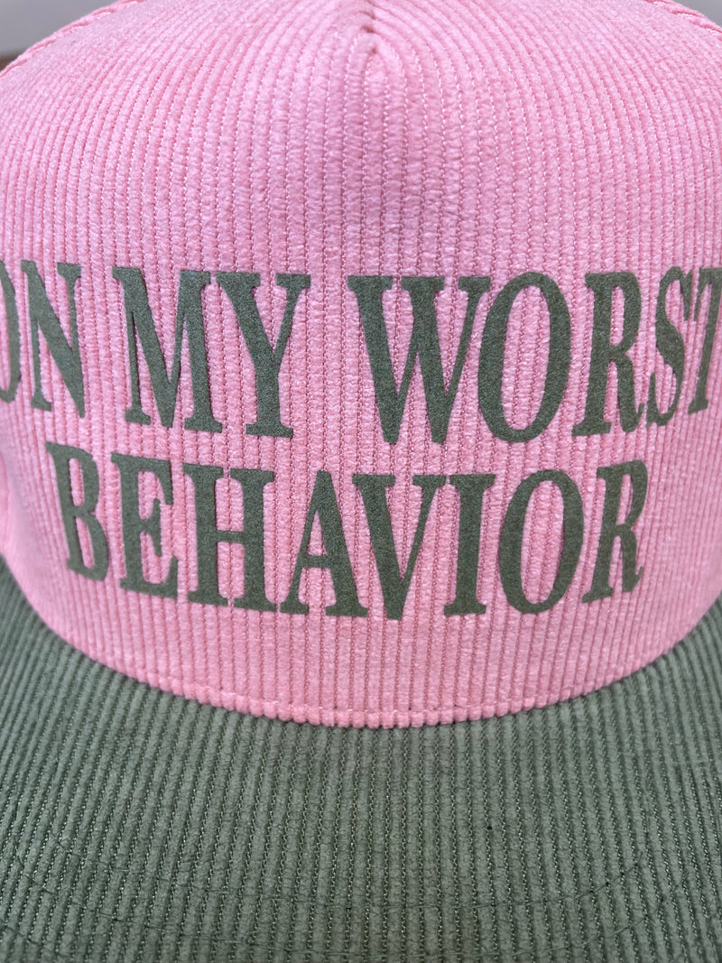 Printed (Pink & Sage) On My Worst Behavior Two-Tone Snapback Hat