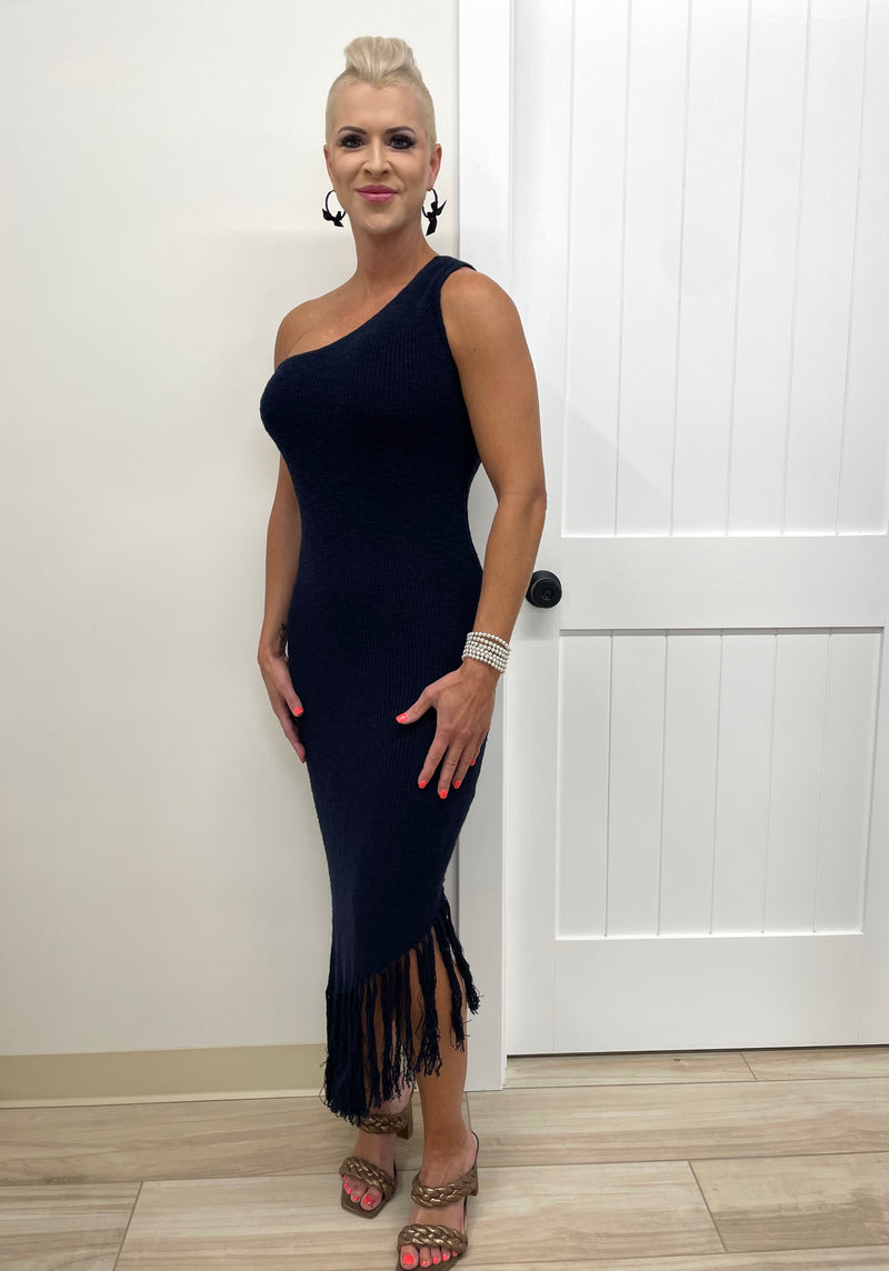 Selina (Navy) Off-The-Shoulder Dress with Fringes (100% Cotton)