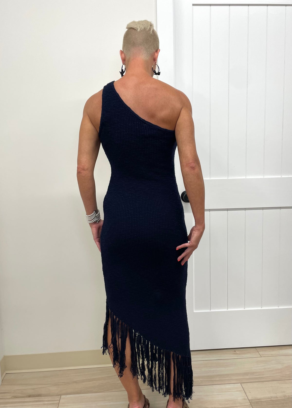 Selina (Navy) Off-The-Shoulder Dress with Fringes (100% Cotton)