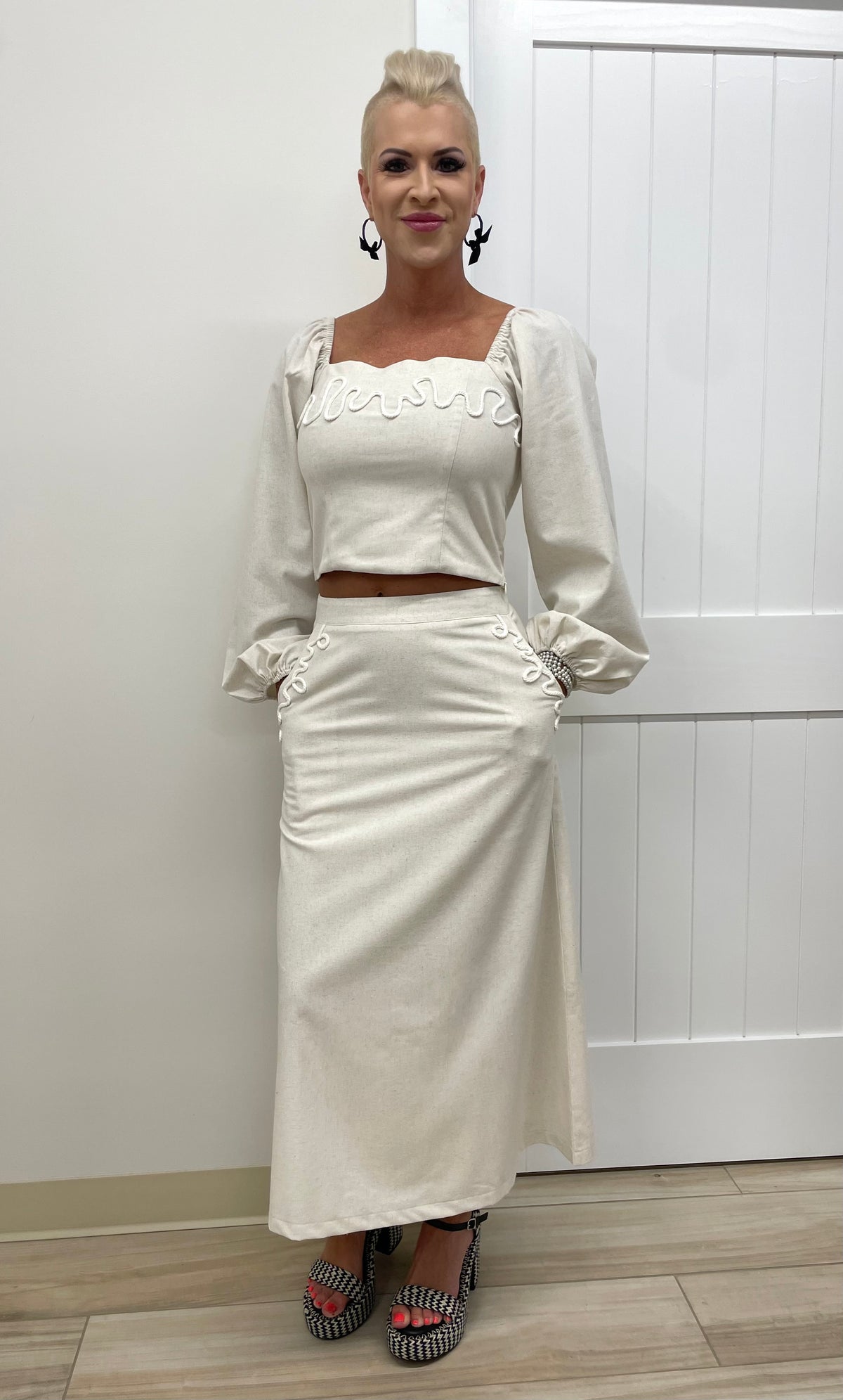Square Neck Balloon Sleeved Top & Midi Skirt Set (Cotton/Linen Blend)