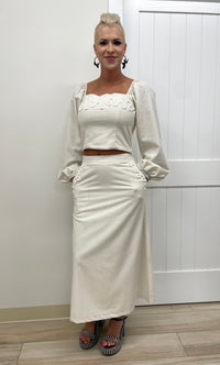 Square Neck Balloon Sleeved Top & Midi Skirt Set (Cotton/Linen Blend)