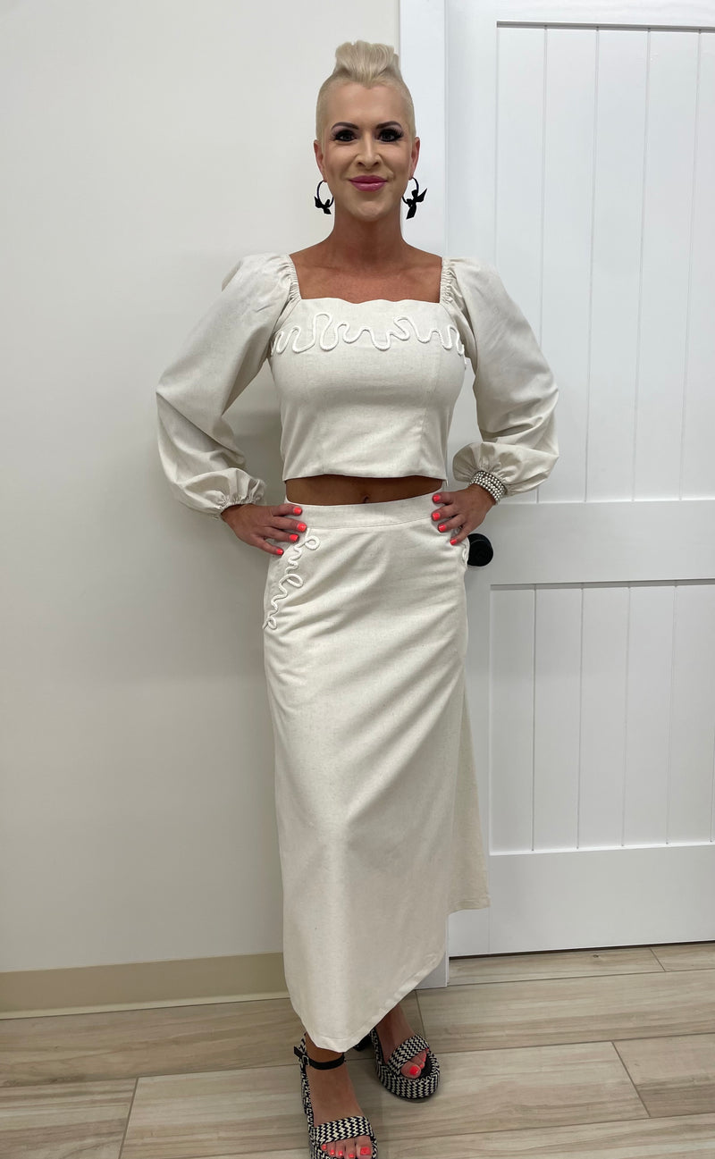Square Neck Balloon Sleeved Top & Midi Skirt Set (Cotton/Linen Blend)