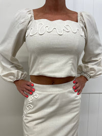 Square Neck Balloon Sleeved Top & Midi Skirt Set (Cotton/Linen Blend)