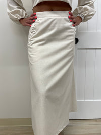 Square Neck Balloon Sleeved Top & Midi Skirt Set (Cotton/Linen Blend)