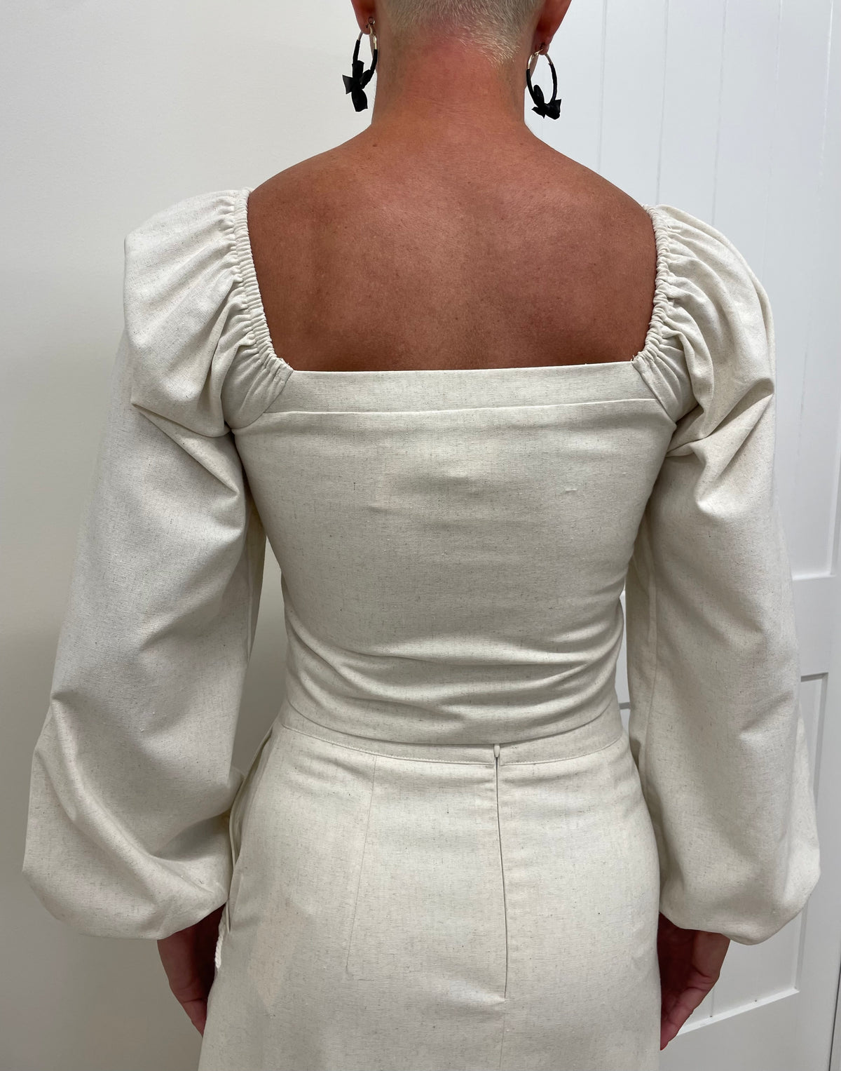 Square Neck Balloon Sleeved Top & Midi Skirt Set (Cotton/Linen Blend)