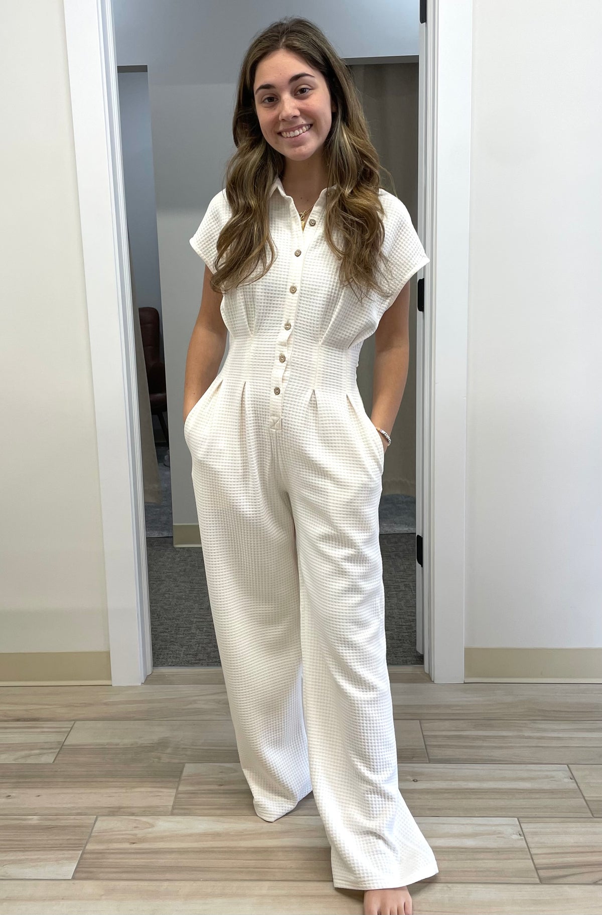 Waffle Knit Pintuck (Ivory) Jumpsuit w/ Peek-A-Boo Back