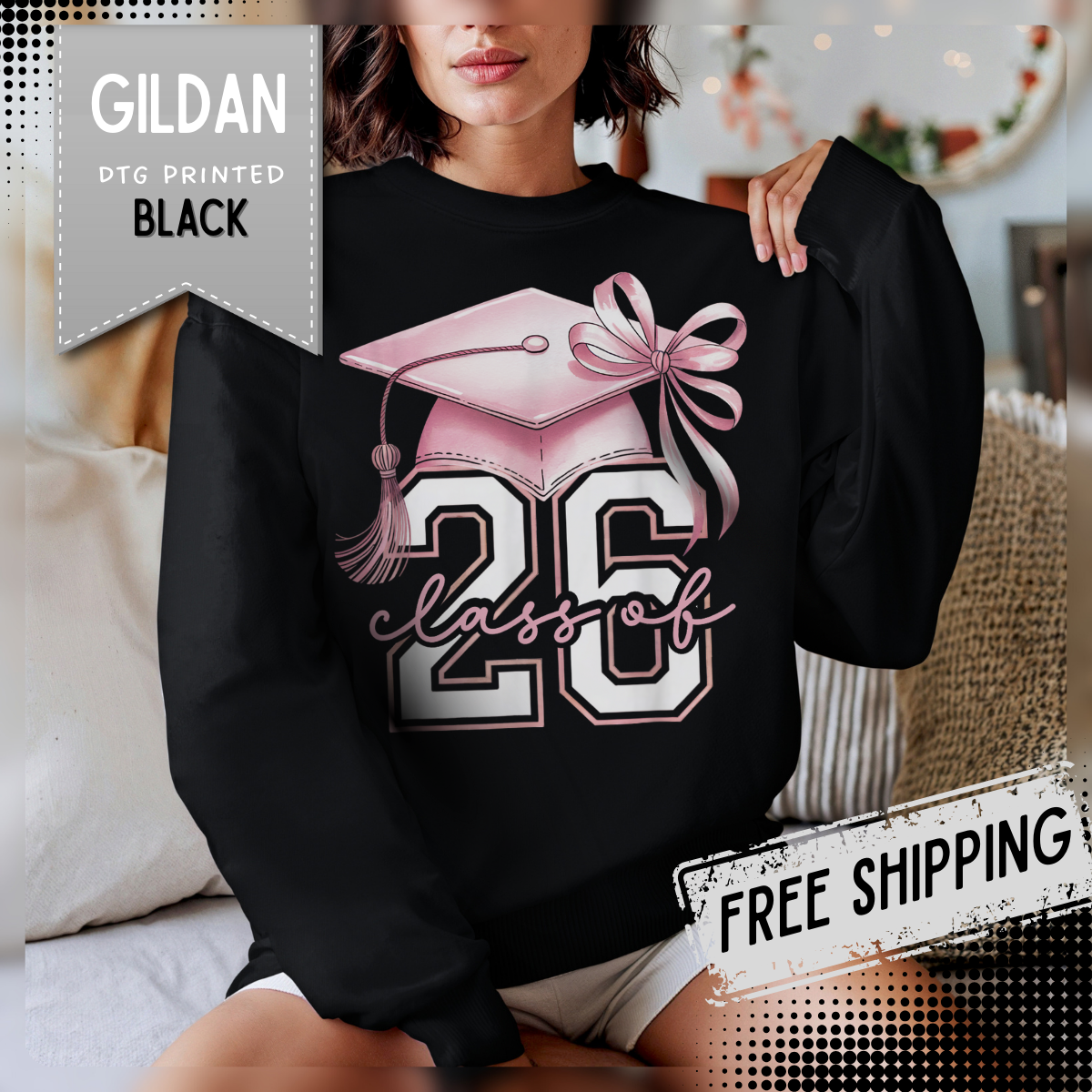 Pink Coquette, Class of 2026 Graduation Cap – Gildan Heavy Blend | Trendy Women’s Soft Sweatshirt. Direct to Garment. Printed & Shipped in the USA. Unisex Sizes.