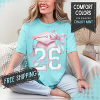 Pink Coquette, Class of 2026 Graduation Cap - Comfort Colors | Trendy Women's T-Shirt. Direct to Garment. Printed & Shipped in the USA. Unisex Sizes.
