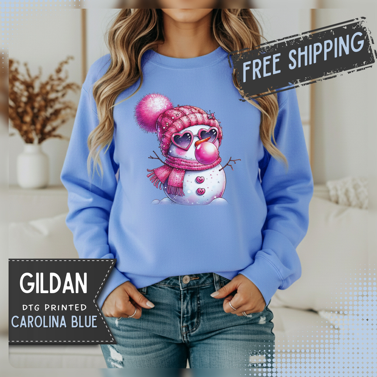 Pink Girly Snowman with Heart Sunglasses and Bubblegum - Winter – Gildan Heavy Blend | Trendy Women’s Soft Sweatshirt. Direct to Garment. Printed & Shipped in the USA. Unisex Sizes.