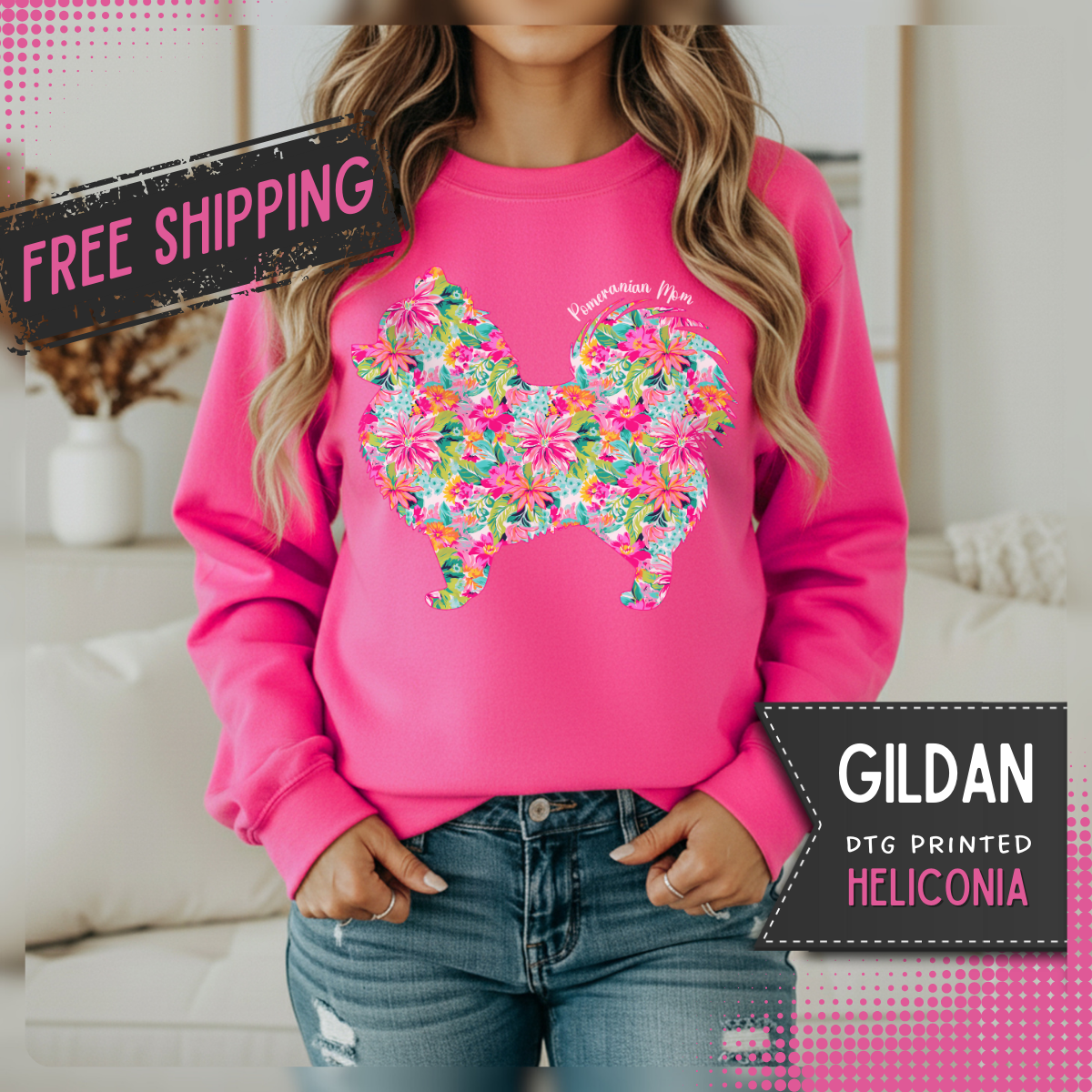 Pomeranian Mom, Floral – Gildan Heavy Blend | Trendy Women’s Soft Sweatshirt. Direct to Garment. Printed & Shipped in the USA. Unisex Sizes.