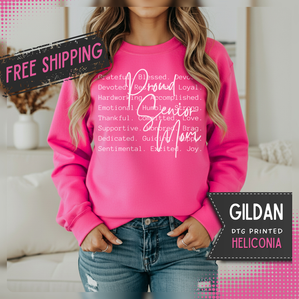 Proud Senior Mom, Description – Gildan Heavy Blend | Trendy Women’s Soft Sweatshirt. Direct to Garment. Printed & Shipped in the USA. Unisex Sizes.