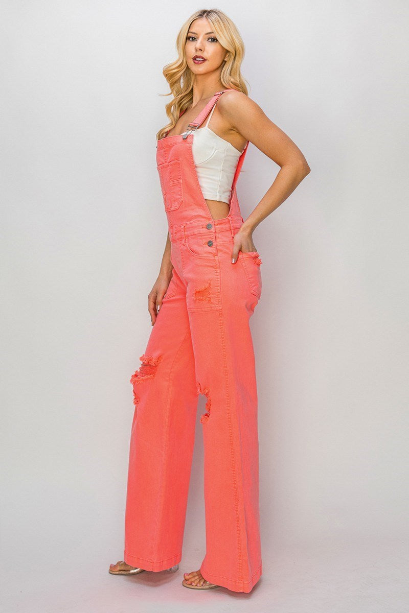 Sydney (Coral) Wide Leg Distressed RISEN Overalls