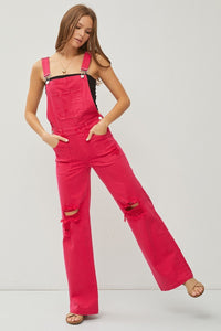 Sydney Wide Leg Distressed RISEN Overalls - Fuchsia