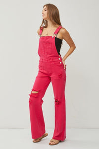 Sydney Wide Leg Distressed RISEN Overalls - Fuchsia