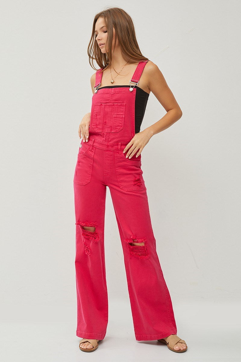 Sydney Wide Leg Distressed RISEN Overalls - Fuchsia