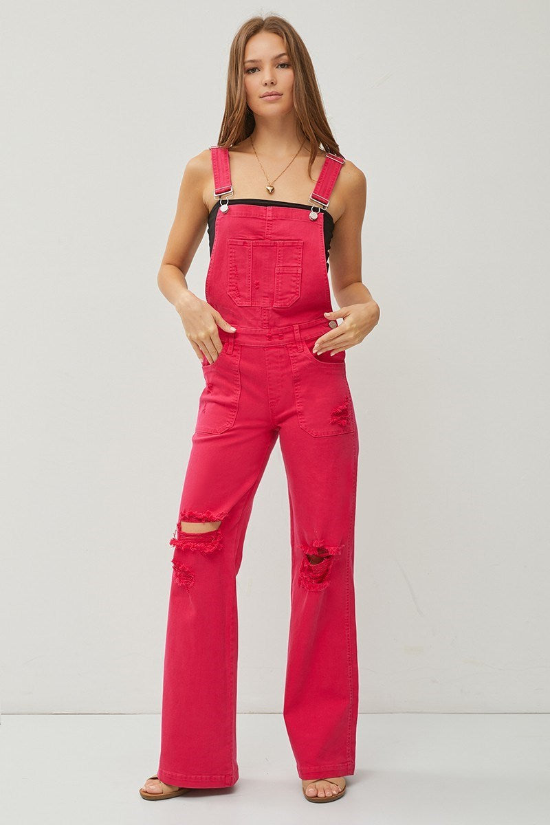 Sydney Wide Leg Distressed RISEN Overalls - Fuchsia