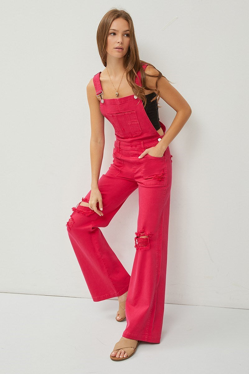 Sydney Wide Leg Distressed RISEN Overalls - Fuchsia