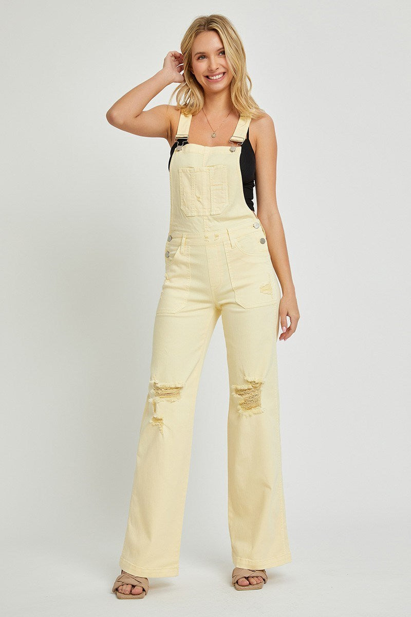 Sydney Wide Leg Distressed RISEN Overalls - Pale Yellow