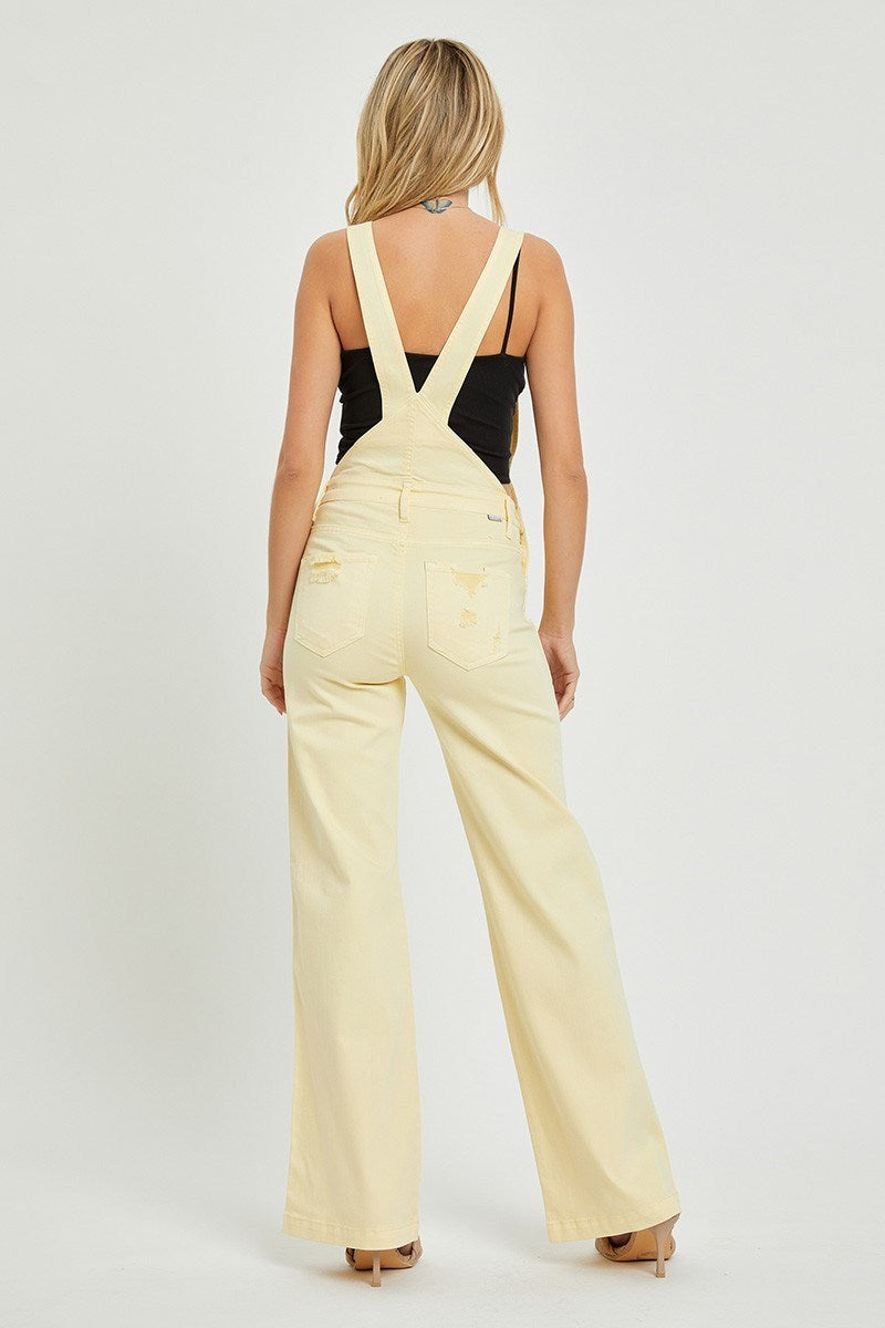 Sydney Wide Leg Distressed RISEN Overalls - Pale Yellow