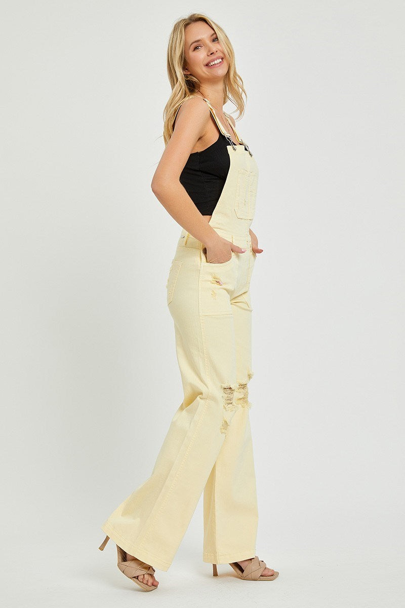 Sydney Wide Leg Distressed RISEN Overalls - Pale Yellow