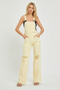 Sydney Wide Leg Distressed RISEN Overalls - Pale Yellow