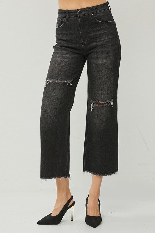 Lucy (Black) High Rise, Raw-Hem Cropped Distressed Wide Leg RISEN Jeans