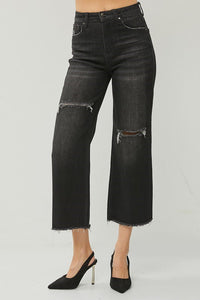 Lucy (Black) High Rise, Raw-Hem Cropped Distressed Wide Leg RISEN Jeans