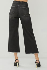 Lucy (Black) High Rise, Raw-Hem Cropped Distressed Wide Leg RISEN Jeans