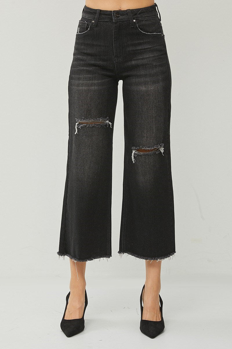 Lucy (Black) High Rise, Raw-Hem Cropped Distressed Wide Leg RISEN Jeans