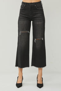 Lucy (Black) High Rise, Raw-Hem Cropped Distressed Wide Leg RISEN Jeans