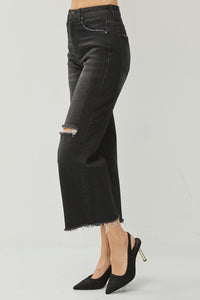 Lucy (Black) High Rise, Raw-Hem Cropped Distressed Wide Leg RISEN Jeans