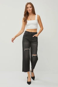 Lucy (Black) High Rise, Raw-Hem Cropped Distressed Wide Leg RISEN Jeans