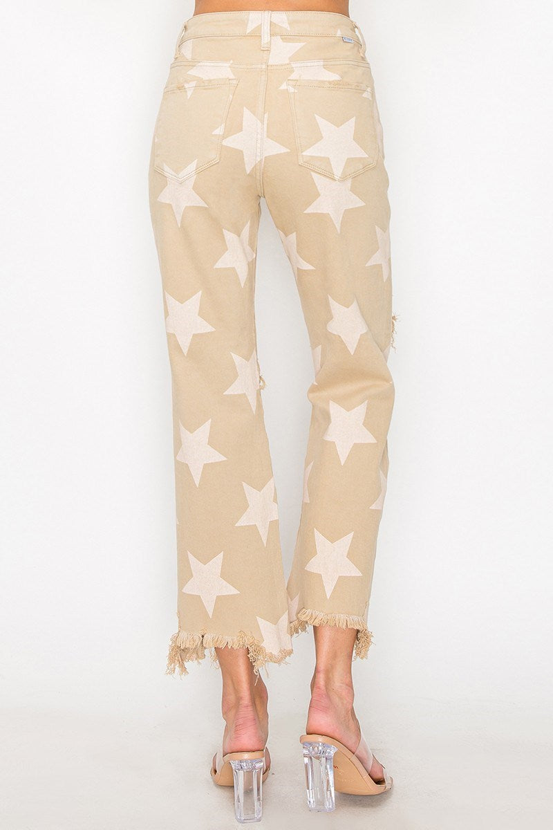 Haley (Khaki) Star-Printed Distressed RISEN Jeans