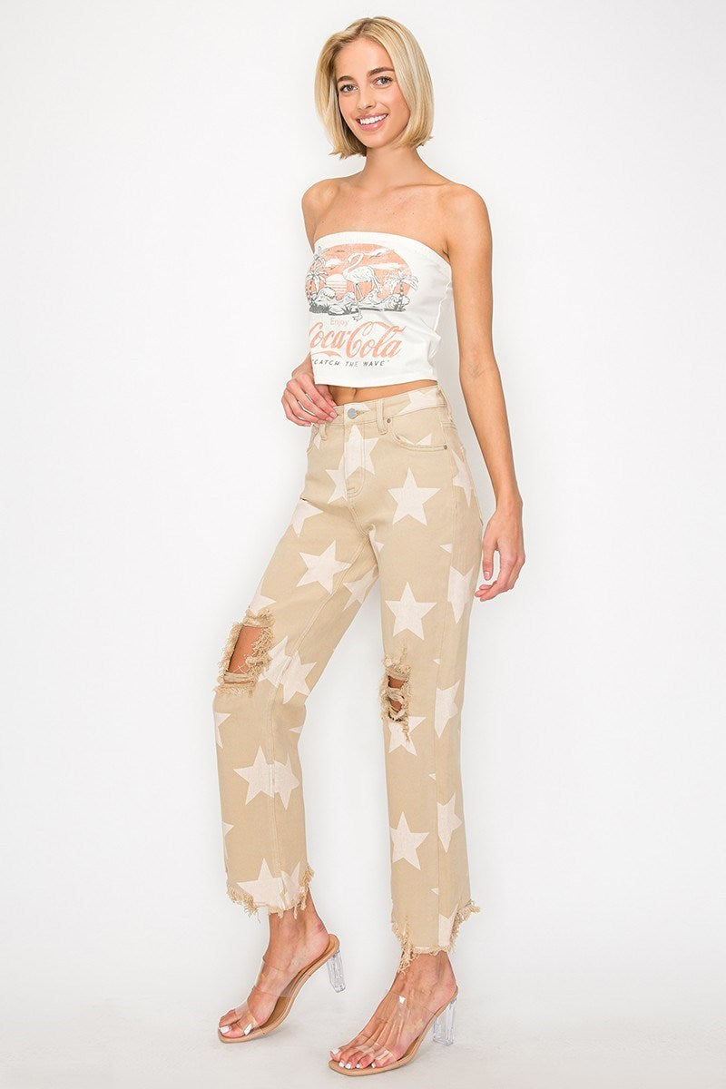 Haley (Khaki) Star-Printed Distressed RISEN Jeans