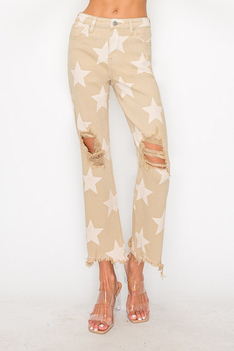 Haley (Khaki) Star-Printed Distressed RISEN Jeans