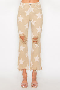 Haley (Khaki) Star-Printed Distressed RISEN Jeans