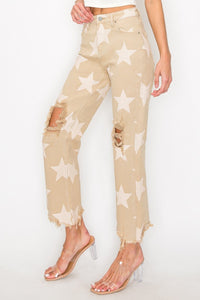 Haley (Khaki) Star-Printed Distressed RISEN Jeans